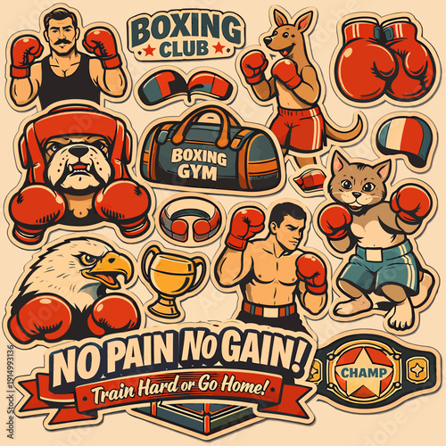 A vibrant collection of cartoon boxing-themed stickers featuring human and animal boxers, equipment, and motivational slogans.