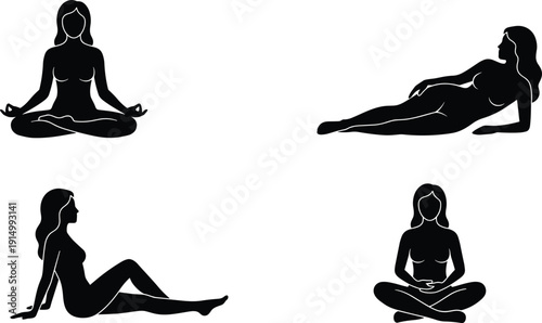 Set of women silhouettes practicing yoga, meditation poses, wellness, mindfulness, body positivity, healthy lifestyle, relaxation, stretching, spiritual exercise, and self care,