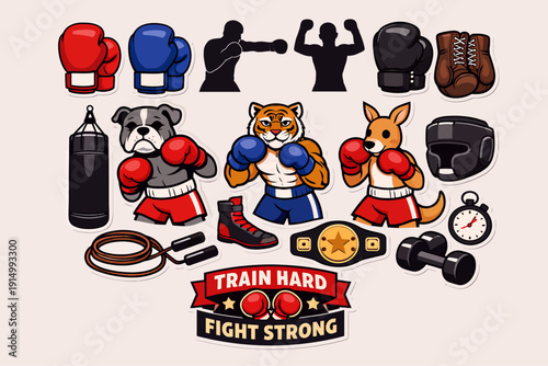 A collection of boxing equipment and cartoon animal boxers, including gloves, punching bag, championship belt, and training gear, with a motivational banner.