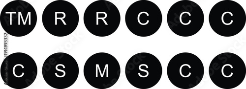 Trademark and copyright symbol set, black circle letter icons, registration and service mark vector elements, legal brand protection sign illustrations,