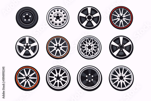 A collection of twelve diverse car wheels and rims showcasing various designs and spoke patterns on a white background.