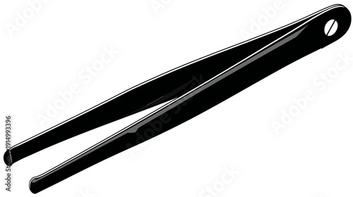 A stark, minimalist illustration of a slanted, black tweezer with reflective highlights