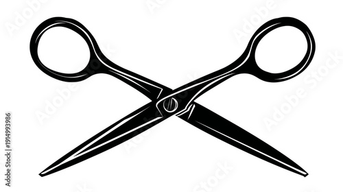 A black and white graphic illustration of crossed scissors. Blades are sharp and angled
