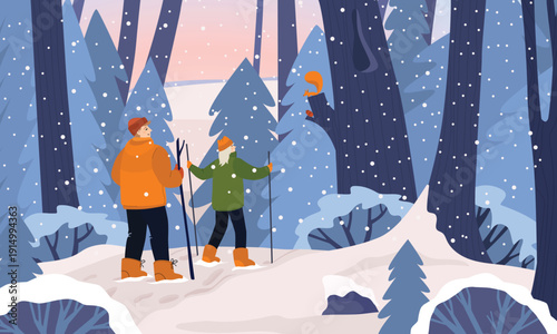 A guy and a girl are walking through a winter forest. A guy in a green jacket and orange shoes and a red hat. a blonde girl in a green jacket and winter boots. a pair with Nordic walking sticks. Peopl