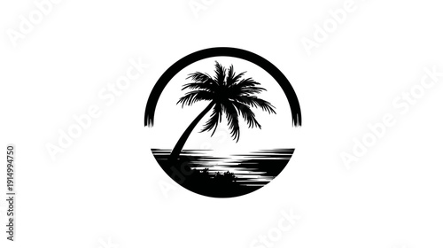 A black and white illustration of a palm tree on a beach inside a semi-circle
