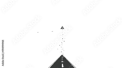 Black and white illustration of a road leading to a paper airplane in flight with minimalist design