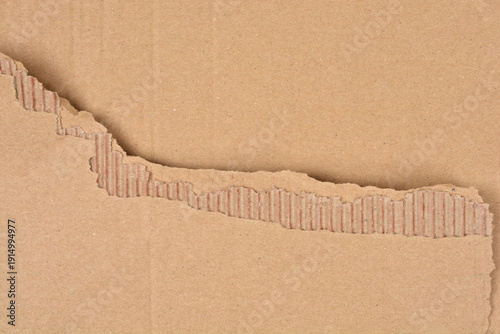 A close up full frame shot of a brown paper surface with a torn jagged edge revealing the internal corrugated cardboard layers