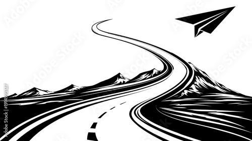 A winding road through mountains, a paper airplane soars in the sky