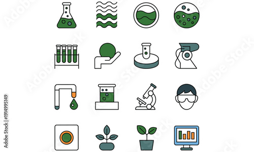 Collection of simple icons representing scientific research and experiments in biology and chemistry labs with various equipment and green elements against a white background.