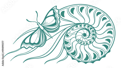 Teal line art illustration of a butterfly and nautilus shell isolated on white.eps