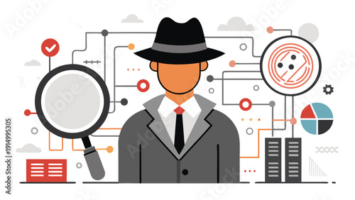 Cybersecurity expert using magnifying glass to detect digital threats and hacker activity on circuit board..eps