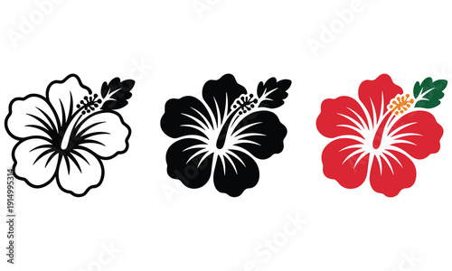 Collection of three hibiscus flowers in different styles and colors for design and decoration purposes showcasing versatility and aesthetic appeal in graphic design.