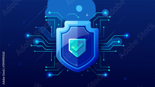 Digital security shield with a glowing lock icon protecting a motherboard circuit background..eps