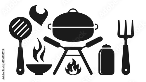 Barbecue and Grill Icon Set - Black Silhouette Vector BBQ Tools.eps
