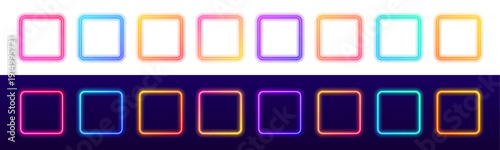 Neon square frame with electric glow illuminates dark backgrounds. Vibrant gradient colors blend smoothly for futuristic visuals. Perfect vector PNG for banners and posters.