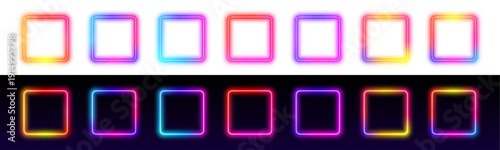 Vibrant neon square frame emits a soft electric glow. Transparent background allows easy overlay on digital designs. Perfect for futuristic web graphics or banners.