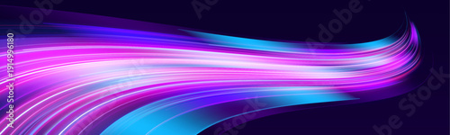 Violet and blue neon lines spiral forward over a futuristic highway. Layered motion blur enhances depth and kinetic flow. Vector illustration ideal for cyber visuals.