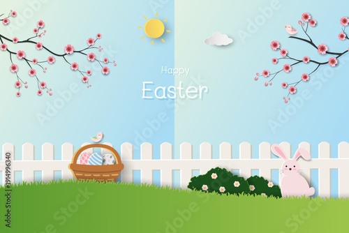 Easter greeting card,Spring naure background with cute bunny and easter eggs on beautiful garden