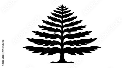 A black and white graphic representation of a coniferous tree with detailed branches and needles