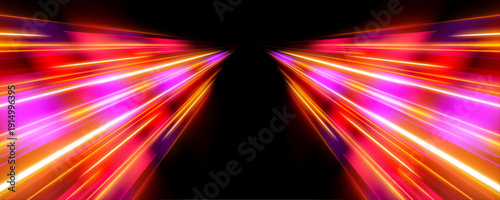 Urban expressway with pink, red, and yellow light trails twisting dynamically. Blue neon streaks highlight motion blur and futuristic energy. High-speed vector illustration.