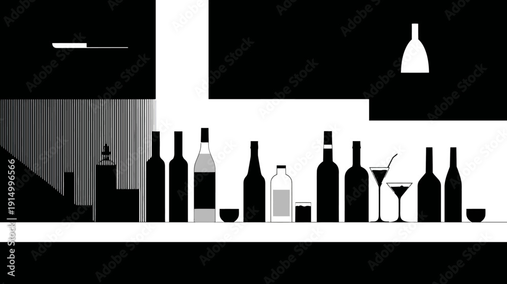 Obraz premium Silhouetted alcohol bottles, glasses, and a cocktail glass on a light surface, a black background