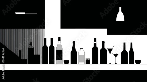 Silhouetted alcohol bottles, glasses, and a cocktail glass on a light surface, a black background