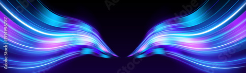 High-speed blue light trails form futuristic road patterns. Motion blur adds depth and velocity. Clean background for digital or automotive use.