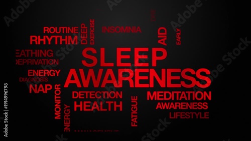 sleep awareness concept Animated Tag Word Cloud kinetic typography, Text Design Animation typography seamless loop video motion graphics Intro Wordart arrangement red type on black backdrop bg backgro