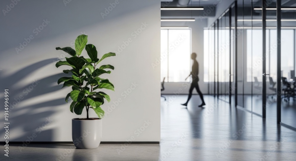Fototapeta premium Plant by wall, office corridor with blurred figure beyond
