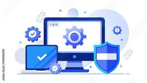 System software update and upgrade process on digital screen.eps