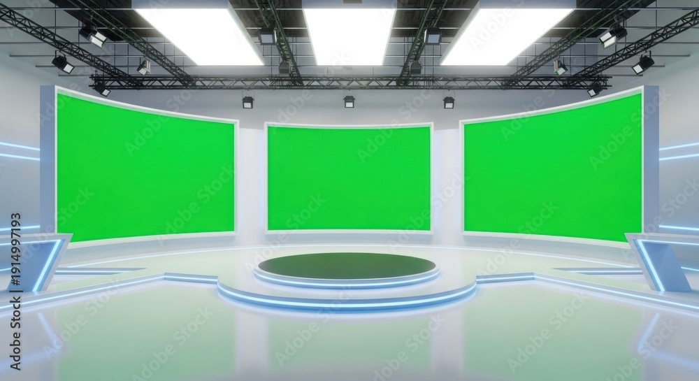 Fototapeta premium Studio with three green screens & stage
