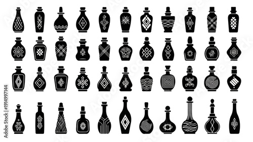 Diverse collection of vintage black glass perfume bottles with intricate geometric patterns, evoking a sense of mystery and luxury