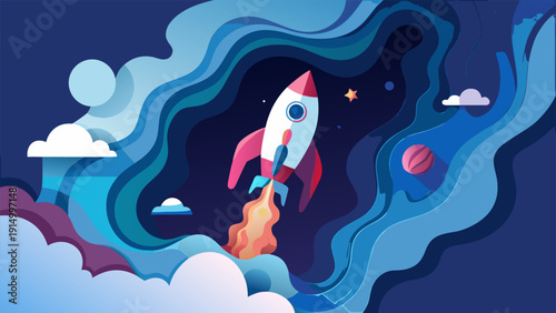 Rocket Ship Blasting Off from Profile Head in Deep Paper Layered Art.eps