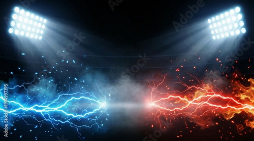 Intense clash of blue and red lightning bolts with stadium lights and smoke electricity energy storm