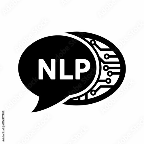 Sleek minimalist icon for Natural Language Processing, depicting AI communication through a stylized speech bubble and circuit graphic