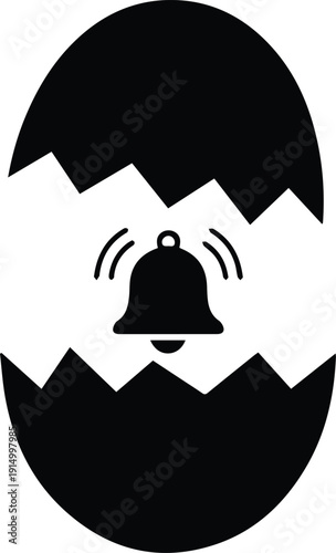 Black and white cracked egg with a ringing bell icon inside Keywords: egg, cracked, broken, bell