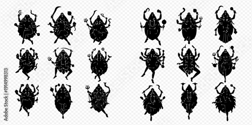 Set of various beetle silhouettes in black and white, featuring different insect species and poses.