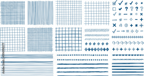 Blue hand drawn grid pattern set, crosshatch textures, checkmarks, mathematical symbols and decorative line dividers, cad drawing flat vector illustration, isolated.