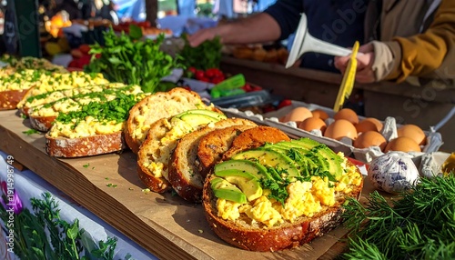 Fresh Avocado Toast with Eggs and Herbs.