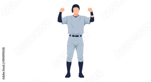 Excited Baseball Player Celebrating Victory or Success with Arms Raised High Modern Flat Vector Illustration