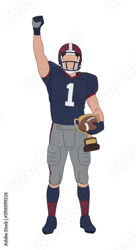 Triumphant American Football Player Number 1 Victorious Holding Championship Trophy with Fist Raised