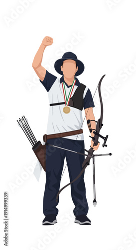 Champion Archer Celebrates Victory with Gold Medal and Raised Fist