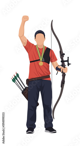 Victorious Archer Celebrates Gold Medal Win Holding Bow and Arrow Sports Achievement Concept
