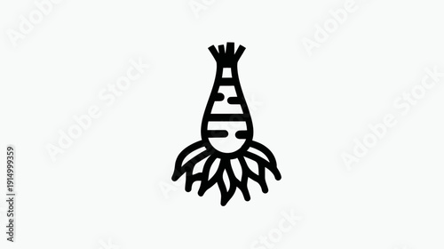 A monochrome illustration of a root vegetable with a thick body, roots and fibrous top