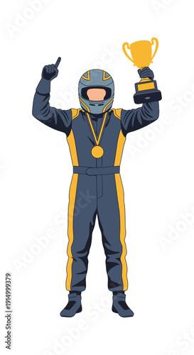 Excited Race Car Driver in Full Gear Celebrates Victory Holding Trophy and Medal