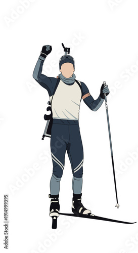 Biathlete Celebrating Victory with Raised Fist on White Background Winter Sport Athlete Illustration