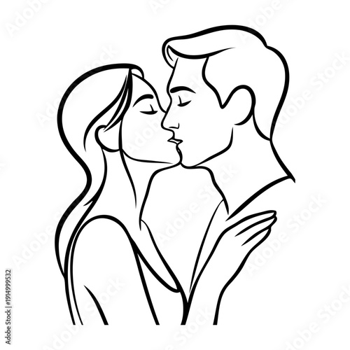 Dibujo con líneas de una pareja romántica besándose. Novio y novia enamorados para tarjetas y felicitaciones de San Valentín 