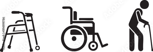 Cane Walker Wheelchair Medical Mobility Aid Icons