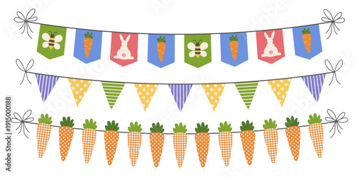 Easter party, birthday banner decoration set. Cute festive flag garland vector illustration. Retro bunting with carrot, bees, bunny isolated on white background.