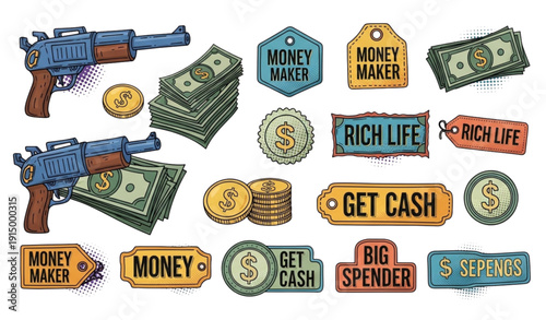 Colorful retro money badge and patch vector collection